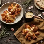 blooming onion air fryer crispy onion with cheese sauce on a rustic wooden table