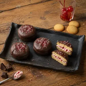 Chocolate Cherry Cookie Bites with vanilla wafers, creamy cherry filling and colourful sprinkles on a rustic wooden table.