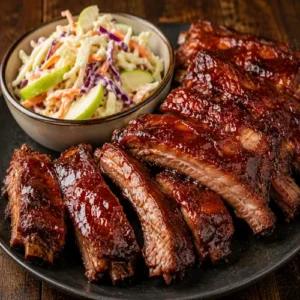 air fryer BBQ spare ribs served on a rustic wooden table with coleslaw and smoky glazed pork ribs