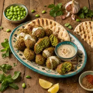 Herby edamame falafel served in pita with creamy tahini sauce