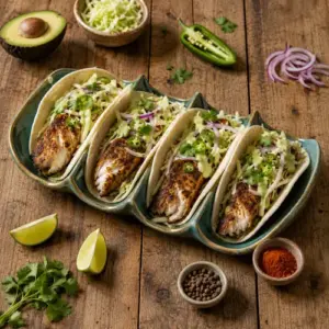 Jerk fish tacos filled with cabbage slaw and avocado cream