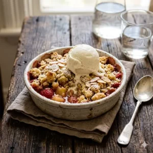 air fryer apple crumble with strawberries on a rustic wooden table
