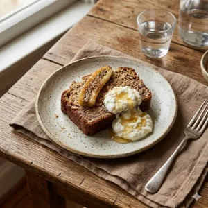 air fryer banana bread moist loaf on a rustic wooden table