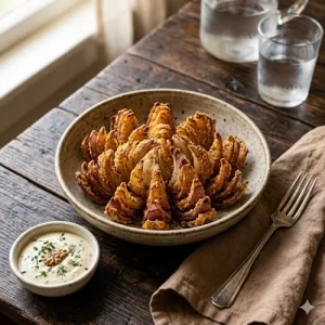 air fryer blooming onions crispy petals with cheese sauce on a rustic wooden table