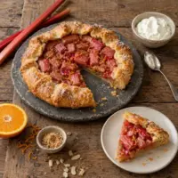 Air-Fried Rhubarb Galette with golden puff pastry, orange zest and whipped cream on a rustic wooden table.