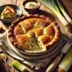 Air-Fried Chicken & Leek Pie on rustic wooden table
