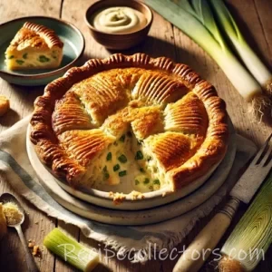 Air-Fried Chicken & Leek Pie on rustic wooden table
