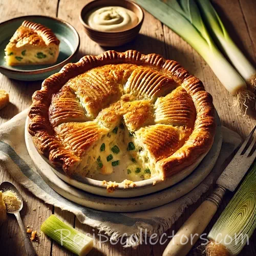 Air-Fried Chicken & Leek Pie on rustic wooden table