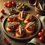 Anchovy and Chicken Tomato Tapas on rustic wooden table