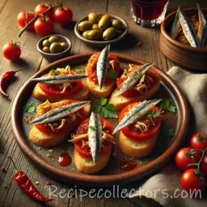 Anchovy and Chicken Tomato Tapas on rustic wooden table