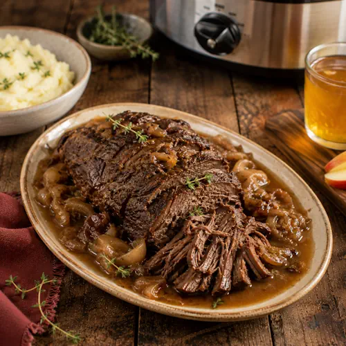 Apple Braised Moose Roast served with rich cooking juices and rustic vegetables on a wooden platter.