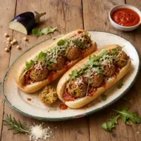 Eggplant meatball subs with tomato sauce and arugula