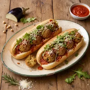 Eggplant meatball subs with tomato sauce and arugula
