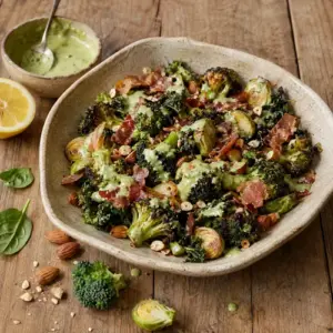 Crispy tahini greens with prosciutto and roasted almonds