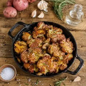Vinegar smashed potatoes with roasted garlic and rosemary