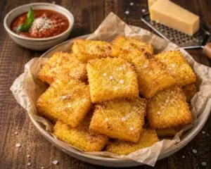 Crispy golden air fryer polenta chips coated with Parmesan, served with warm tomato dipping sauce on a rustic brown wooden table.