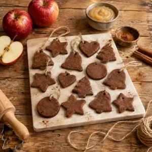 Cinnamon applesauce ornaments with ribbon ready for a Christmas tree