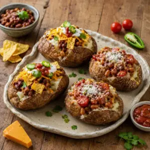 Loaded nacho potatoes with chilli beans, melted cheese, salsa and jalapeño