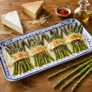 Smoky Brie asparagus fans topped with melted Manchego and Spanish paprika