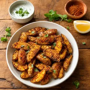 Crispy Cajun-seasoned potato wedges in a white ceramic bowl with herb dip, lemon, oregano and Cajun spices on a rustic wooden table.
