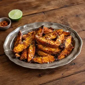 Crispy sweet potato wedges with lime zest, flaky salt and red pepper flakes in a vintage metal serving dish.