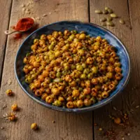 Crispy spiced chickpeas and edamame with pepitas in a blue bowl on a rustic wooden table.