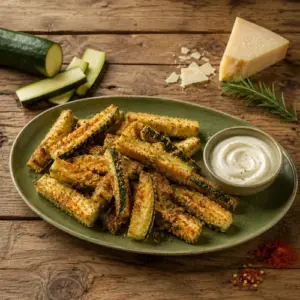 Crispy Parmesan zucchini fries with Greek yogurt dip, rosemary and smoked paprika on a rustic wooden table.