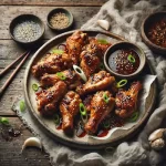 Asian-Inspired Chicken Wings With Sauce on rustic wooden table