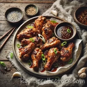 Asian-Inspired Chicken Wings With Sauce on rustic wooden table