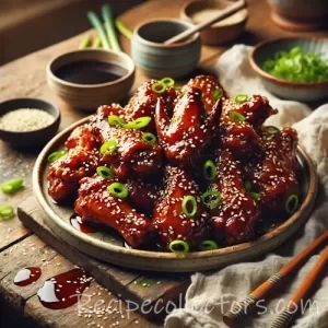 Asian-Inspired Glazed Chicken Wings on rustic wooden table