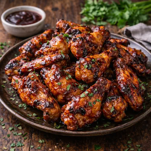 barbecue chicken wings on a rustic wooden table