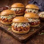 barbecue pulled chicken sliders with tangy coleslaw on a rustic wooden table