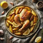 Barrett's lemon chicken and potatoes on a rustic wooden table