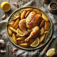 Barrett's lemon chicken and potatoes on a rustic wooden table