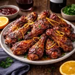 beaujolais glazed chicken wings with glossy red wine glaze on a rustic wooden table