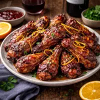 beaujolais glazed chicken wings with glossy red wine glaze on a rustic wooden table