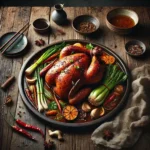 Asian-Inspired Spiced Roast Chicken on rustic wooden table
