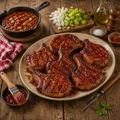 cowboy pork chops served on a rustic wooden table with smoky barbecue sauce and grilled pork chops