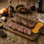 grilled wild boar fillet served on a rustic wooden table with citrus marinade and barbecue flavor