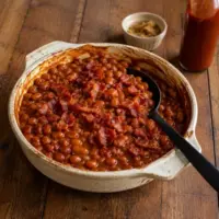 Classic baked bacon and brown sugar beans in a rustic stoneware casserole dish on a wooden table.