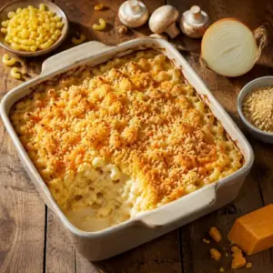 Creamy macaroni bake with golden breadcrumbs, cheddar, mushrooms and onion on a rustic wooden table.