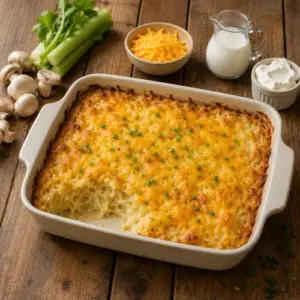 Creamy hash brown potato casserole with melted cheese, mushrooms, celery and cream cheese on a rustic wooden table.