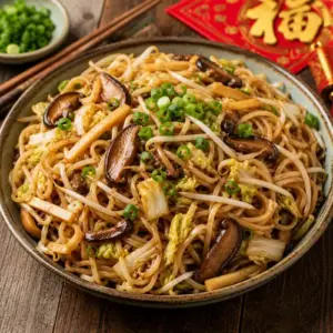 Festive New Year’s noodles with mushrooms, Chinese cabbage, bean sprouts, bamboo shoots and scallions.