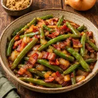 Sweet bacon green beans with tender green beans, smoky bacon and onion in a glossy sweet and tangy sauce.