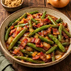 Sweet bacon green beans with tender green beans, smoky bacon and onion in a glossy sweet and tangy sauce.