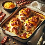 Bacon and Cheese Smothered Chicken on rustic wooden table