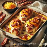 Bacon and Cheese Smothered Chicken on rustic wooden table
