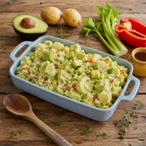Creamy avocado potato salad with celery, red pepper and red onion