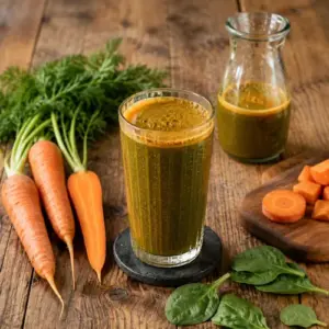 Carrot spinach juice served in a glass with fresh carrots and spinach leaves