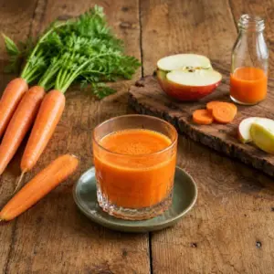 Fresh organic carrot juice served in a clear drinking glass